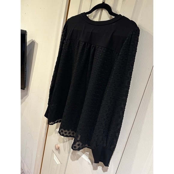 Skies Are Blue Black Knit Clip Dot Sheer Back Chiffon Sleeves Button Cuff Blouse - Picture 8 of 12
